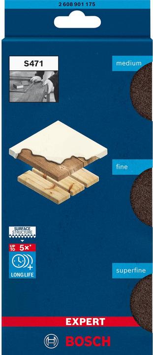 Produktbild Bosch Professional Zubehör EXPERT S471 Standard Block, 69 x 97 x 26 mm, M, F, SF, 3-tlg. (Mittel, Fein, Superfein)