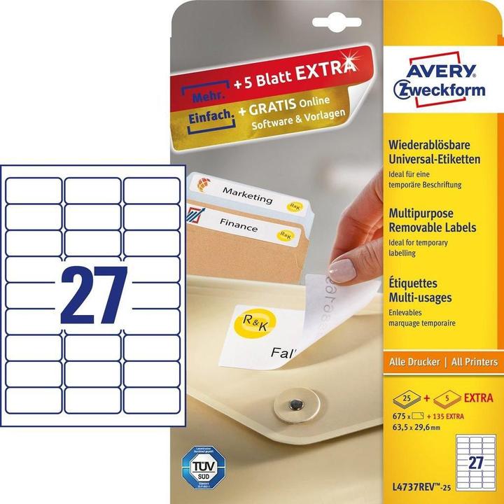 Actual product image Avery L4737REV-25, Stick&Lift labels 63.5x29.6mm, white