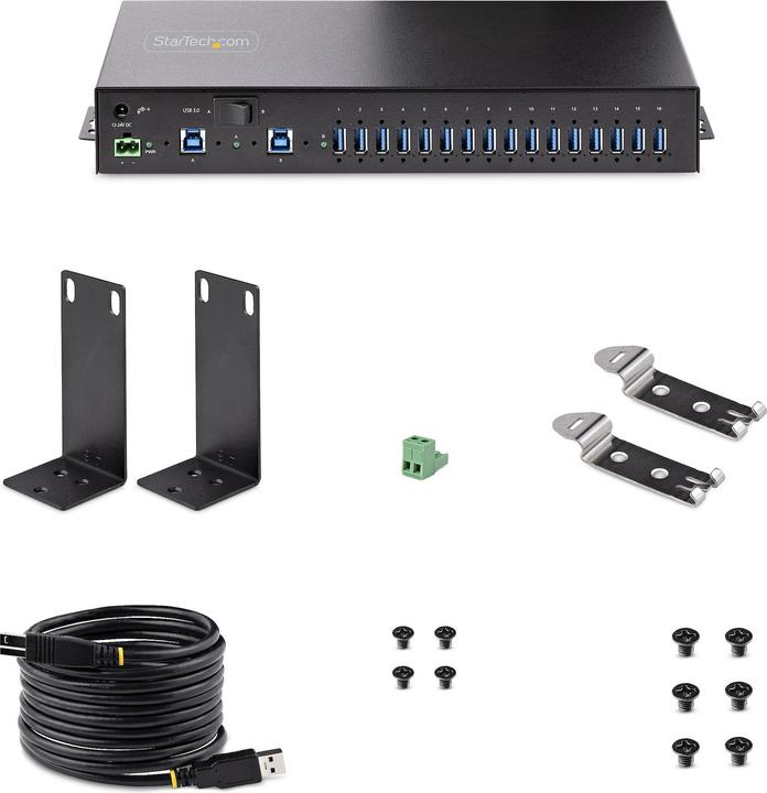 Actual product image StarTech COM 16-Port Industrial USB 3.0 Hub 5Gbps Mountable Terminal Block Power Up to 120W Shared U (USB-B, 16 Ports)