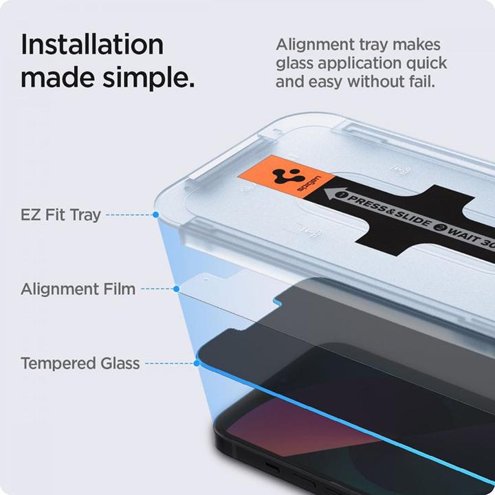 Produktbild Spigen TEMPERED GLASS GLAS.TR "EZ FIT" 2-PACK IPHONE 13 / 13 PRO PRIVACY (2 Stück, Apple iPhone 13, Apple iPhone 13 Pro)