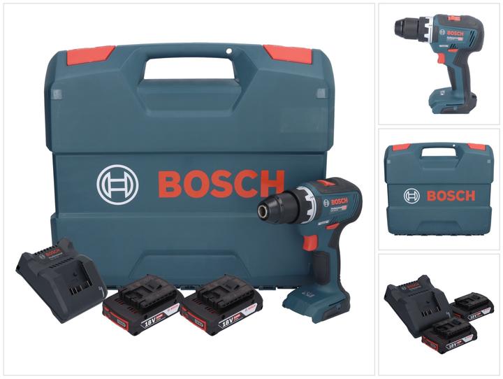 1x Bosch GSR 18V-55 Professional Akku Bohrschrauber, 2x Bosch 18V 2 Ah Li-Ion Einschub Akku, 1x Bosch L-Case, 1x Bosch GAL 18V-20 Ladegerät