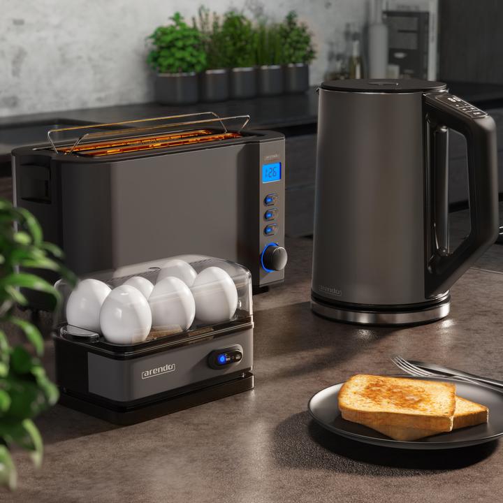 Produktbild Arendo Frühstücks Set, Wasserkocher 1,5l Temperaturwahl, 4-Scheiben Toaster & Eierkocher für 6 Eier, Grau