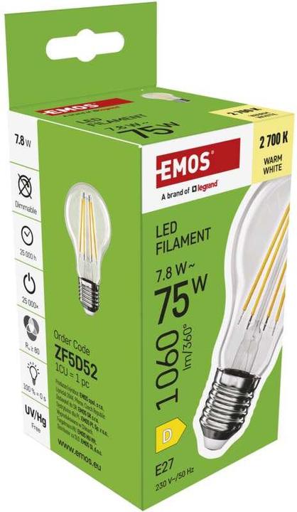 Immagine prodotto Emos Lampada LED a filamento A60 / E27 / 7,8 W (75 W) / 1060 lm / Bianco caldo (E27, 7.80 W, 1060 lm, 1 x, D)