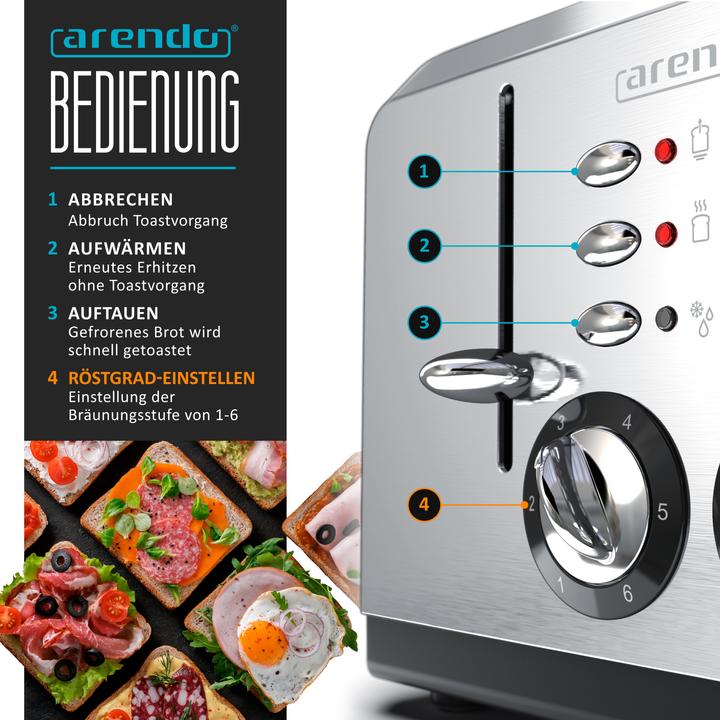Actual product image Arendo Stainless steel toaster 4 slices, automatic, stainless steel, heat-insulating double-walled