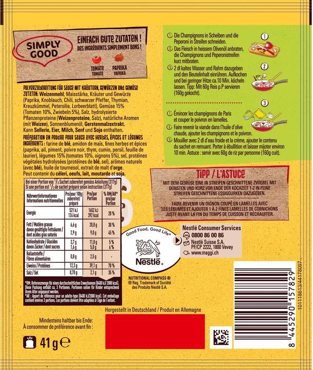 Valeurs nutritives et ingrédients Maggi Mix Stroganoff (50 g)