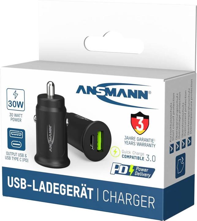 Actual product image Ansmann Charger InCar Charger 12-24V DC/3000mA/30W/KFZ/USB/USBC/5V