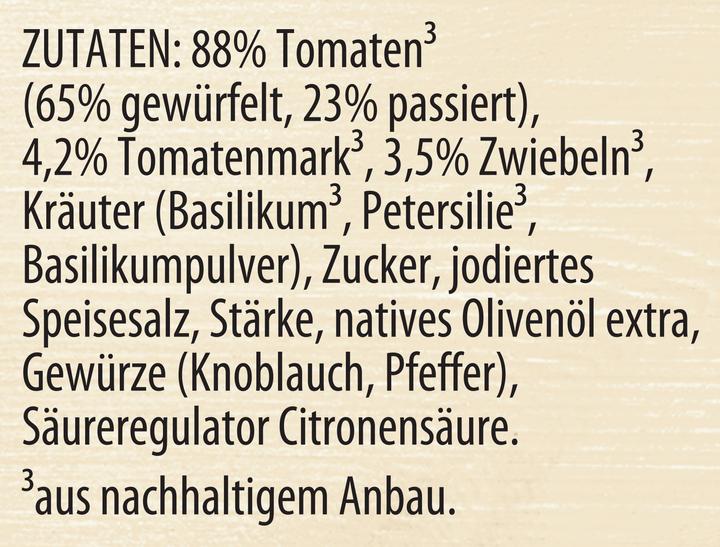 Valeurs nutritives et ingrédients Knorr Tomato al Gusto au basilic (370 g)
