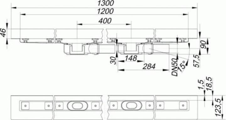 Produktbild Dallmer Duschrinne CeraLine PLAN 2 Abläufe 521996, W 1200mm, DN 50 Bauhöhe 90mm (1450 mm)