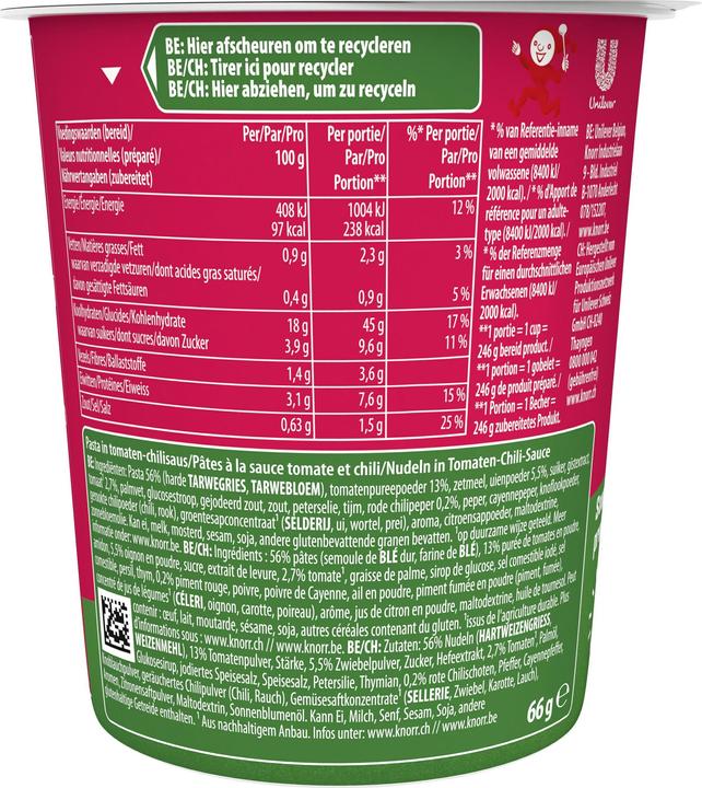 Valeurs nutritives et ingrédients Knorr Pasta Snack Arrabbiata Gobelet, Plat cuisiné instantané avec sauce piquante, prêt en 5 minutes (80 g)