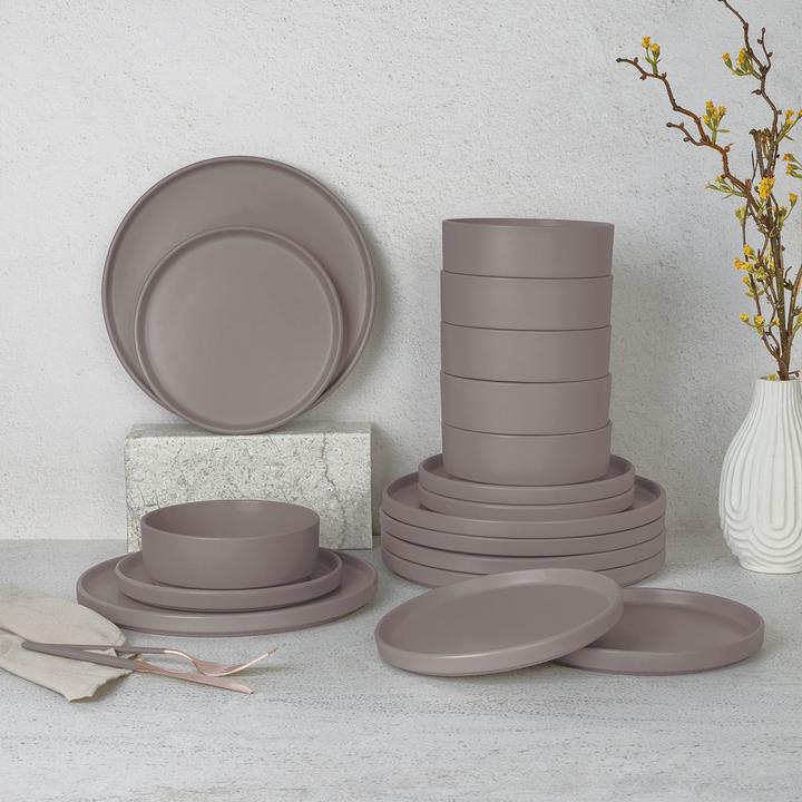 Image du produit BerlingerHaus Set de vaisselle design en faïence, 18 pièces, empilable, taupe mat (18 pièce(s))