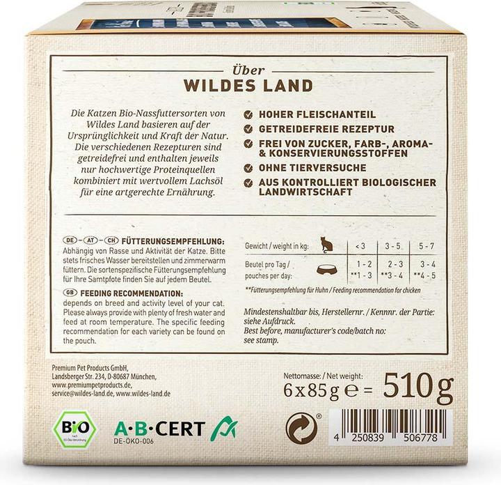 Produktbild Wildes Land Nassfutter Adult BIO Probierbox, 6 x 85 g (Adult, 6 Stk., 620 g)