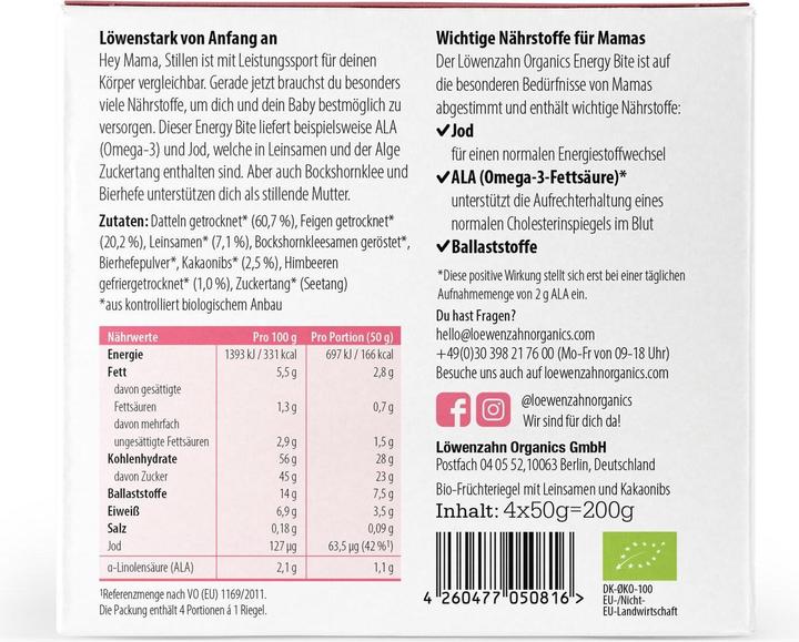 Nährwerte und Zutaten Löwenzahn Organics Bio Energy Bite für Stillende Himbeere und Kakaonibs (50 g)