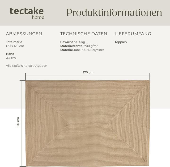 Immagine prodotto tectake Tappeto intrecciato Vibe in juta, stile boho-chic (170 x 120 x 0,5 cm)