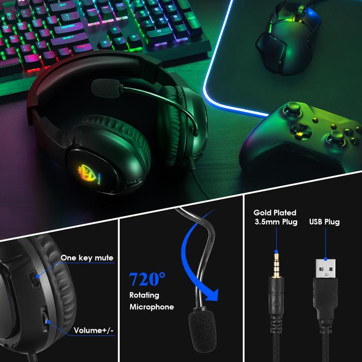 Actual product image PhoneLook SOULBYTES S20 RGB Gaming Headset mit Surround-Sound Mikrofon für PS4 / PS5 / XBOX / PC 3.5 mm (Cable)