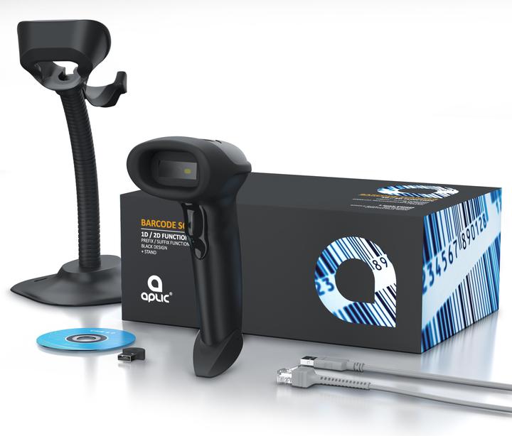 Produktbild Aplic Bluetooth Barcode Scanner 2D 1D, 2,4 GHz Wireless Handscanner, Barcodescanner kabellos mit Standfuss (1D-Barcodes, 2D-Barcodes)