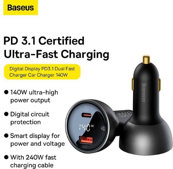 Produktbild Baseus Digital Display fast car charger USB-A / USB-C PD3.1 140W black + USB-C cable Superior