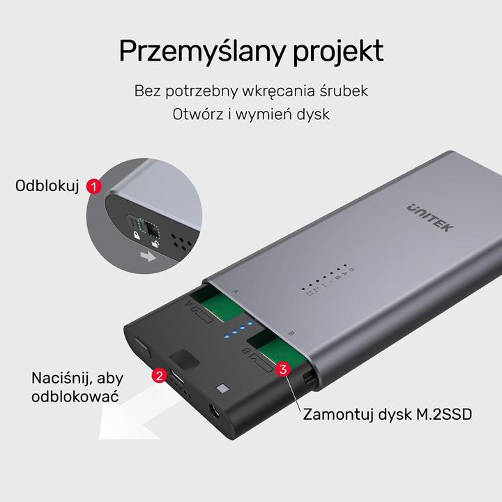 Actual product image Unitek OBUDOWA NA DYSK/KLONOWANIE 2XM.2, PCIE/NVME (M.2 2280, M.2 2260, M.2 2242)