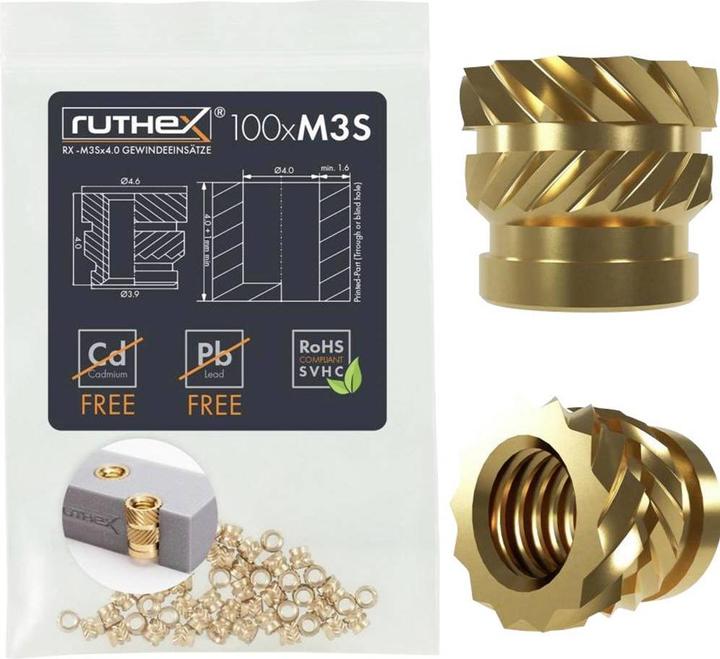 Immagine prodotto Ruthex M3 Gewindeeinsatz SHORT - 100 Stück RX-M3Sx4.0 Gewindebuchsen aus Messing