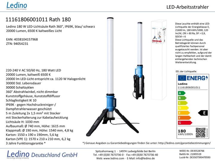 Energielabel Ledino LED-lichtzuil 180W verticale werklamp 1m Rath, 20000lm, 360°, IP69K daglicht wit (20000 lm)
