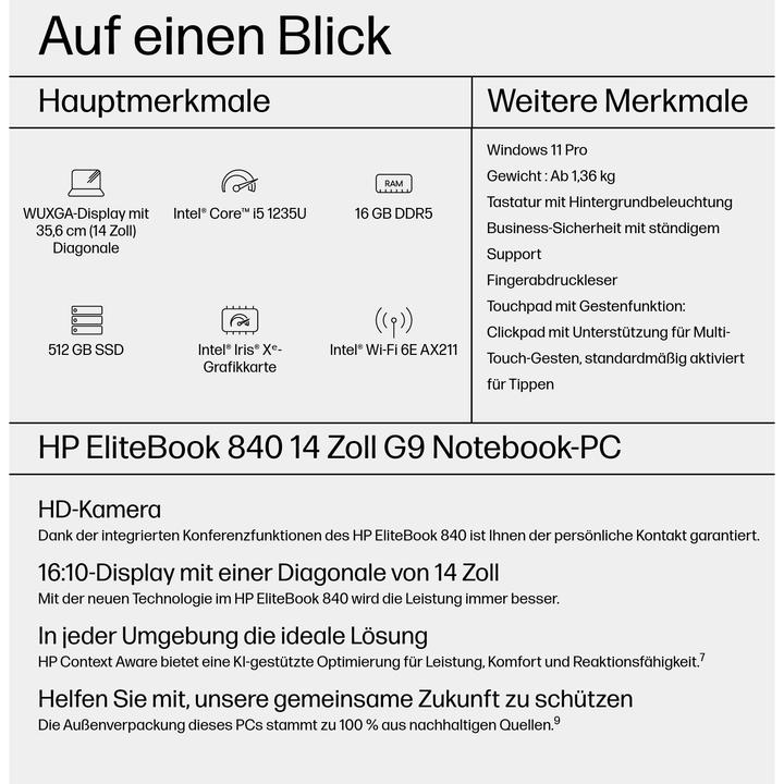 Image du produit HP EliteBook 840 G9 (14", Intel Core i5-1235U, 16 Go, 512 Go, DE)