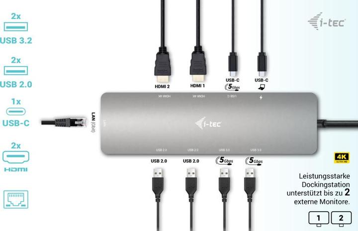 Productafbeelding i-tec USB-C metalen nano-dock 2x HDMI 1x GLAN 2x USB 3.2 2x USB 2.0 1x USB-C 3.2 Gen.1 Data 1x USB-C 1 (USB-C, 2 Havens)