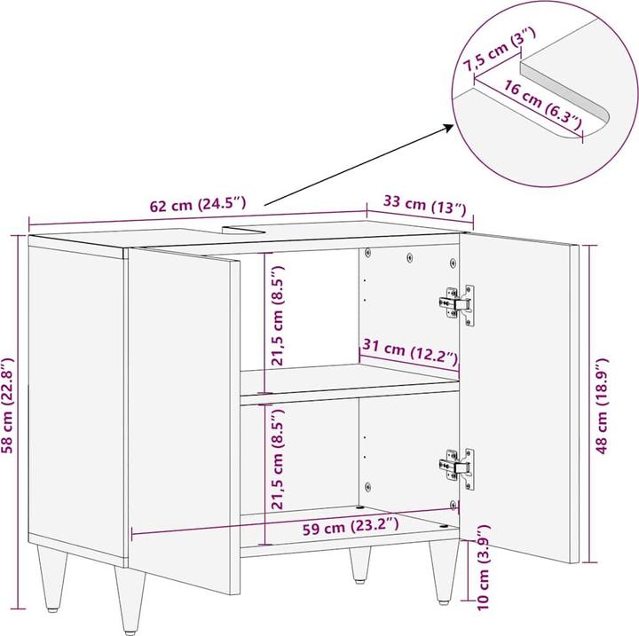 Actual product image VidaXL Vanity unit 62x33x58 cm solid mango wood (62 x 33 x 58 cm)