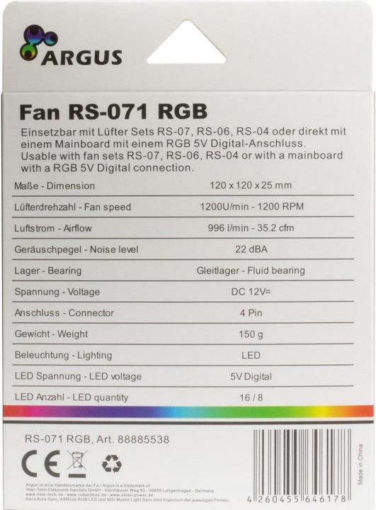 Produktbild Intertech Inter-Tech RS-071 RGB Computergehäuse Ventilator 12 cm Schwarz (120 mm, 1 x)