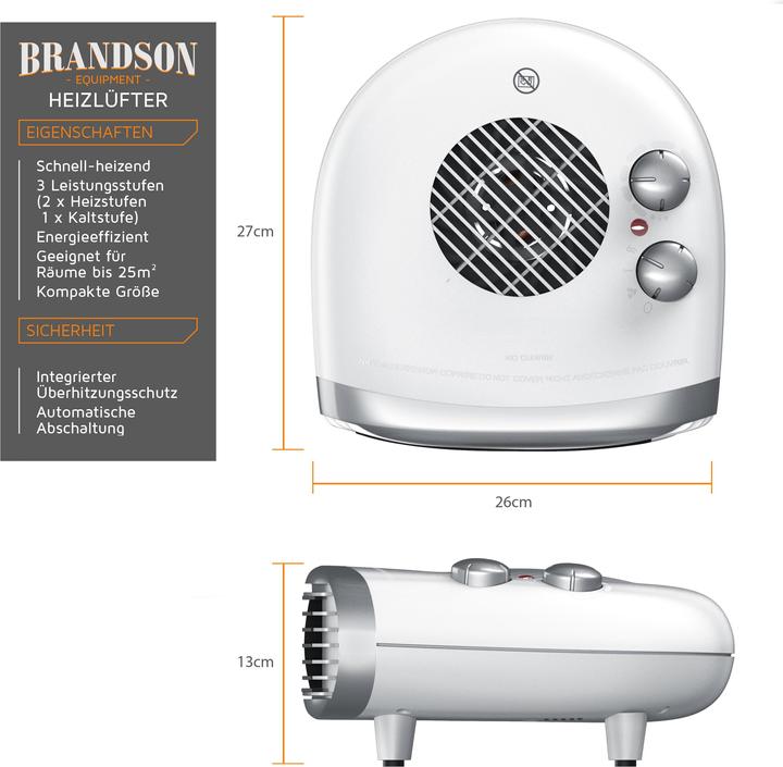 Produktbild Brandson Heizlüfter 2000 W, einstellbarer Thermostat, Fan Heater mit 3 Leistungsstufen, Badezimmer Heizung (2000 W)
