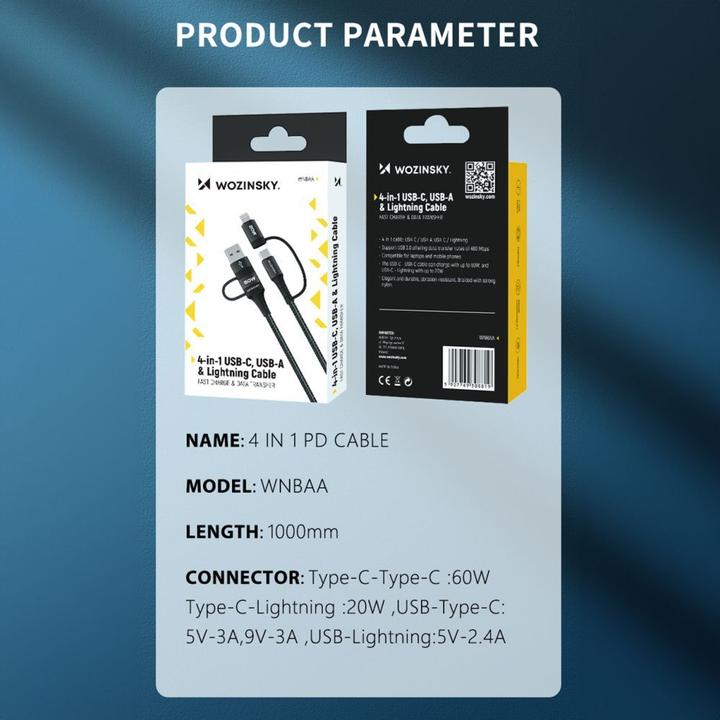 Actual product image Wozinsky WNBAA 4in1 cable 2x USB-C 1x USB-A 1x Lightning 60W 1 m - black (1 m, USB 2.0, 60 W)