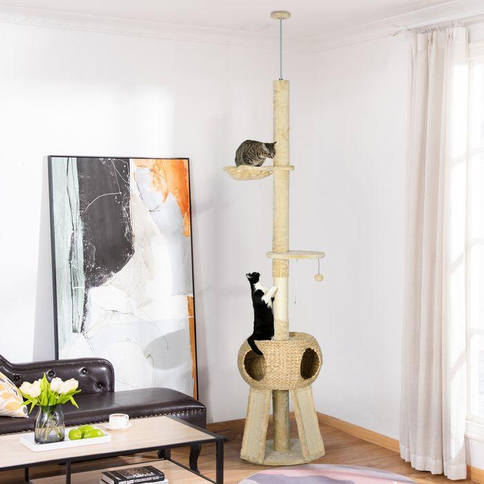 Produktbild Swisshandel24 Kratzbaum Deckenhoch, 225-255 cm mit Katzenhöhle, mit Spielball, Hängematte, bis 5 kg (255 cm, Braun+Beige)