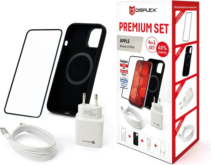 Immagine prodotto Displex Set Premium 4 in 1 (vetro blindato Full Cover, custodia protettiva, caricabatterie, cavo di (1 Pezzo/i, Apple iPhone 15 Plus)