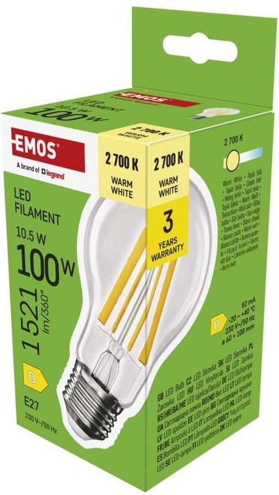 Immagine prodotto Emos Lampada LED filamento A60 / E27 / 10,5 W (100 W) / 1521 lm / Bianco caldo (E27, 10.50 W, 1521 lm, 1 x, D)