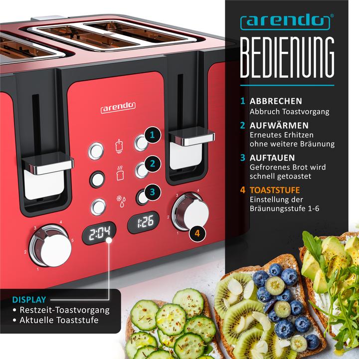 Produktbild Arendo Toaster 4 Scheiben Kurzschlitz, Wärmeisolierendes Doppelwandgehäuse, Edelstahl, Automatik, 1750 W (EU-Stecker)