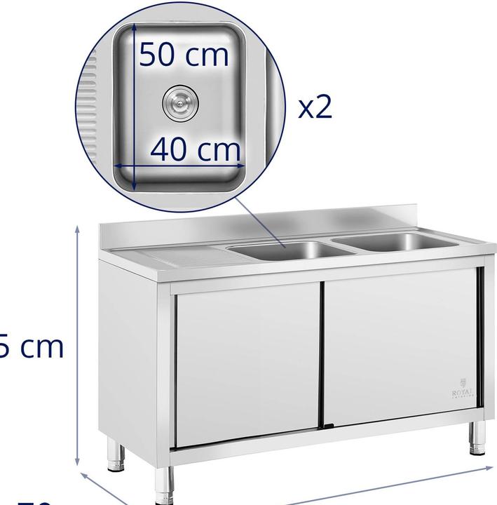 Image du produit Royal Catering Plonge inox sur meuble - 2 bacs - - Acier inoxydable - 500 x 400 x 300 mm (Éviers à poser, 30 cm, 70 cm)
