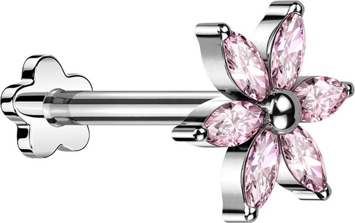 Produktbild Star Piercing Micro Threadless Labret Blume silber Blume silber Kristalle pink (Titan G23, ohne Messing)
