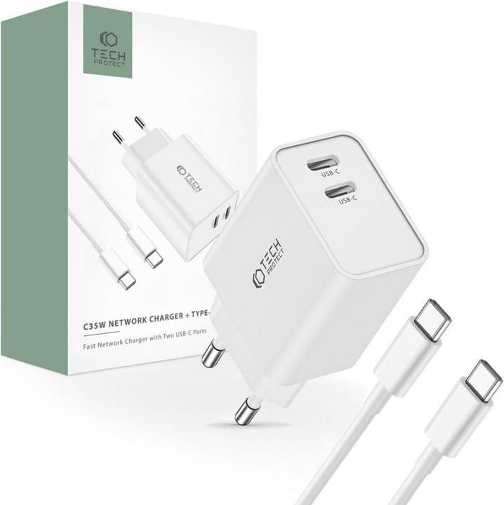 Actual product image Tech-Protect C35W 2x USB-C PD 35W network charger with USB-C / USB-C cable - white (35 W)