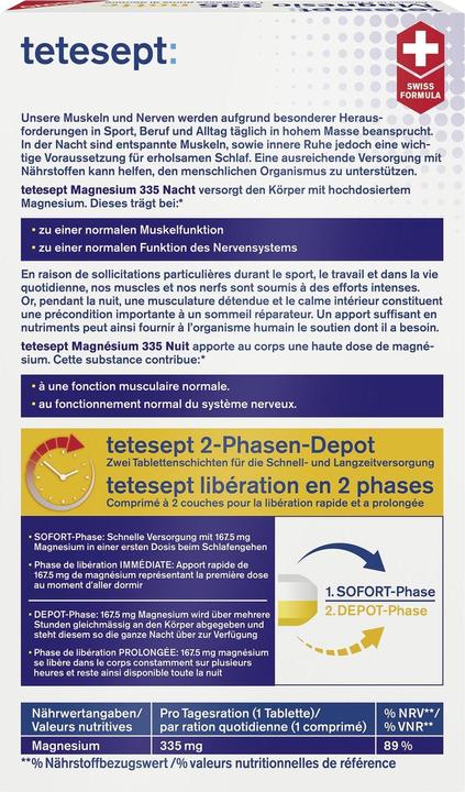 Nutritional values and ingredients Tetesept Magnesium 335 Night Depot Tablets (1 Piece, Pills, 53 g)
