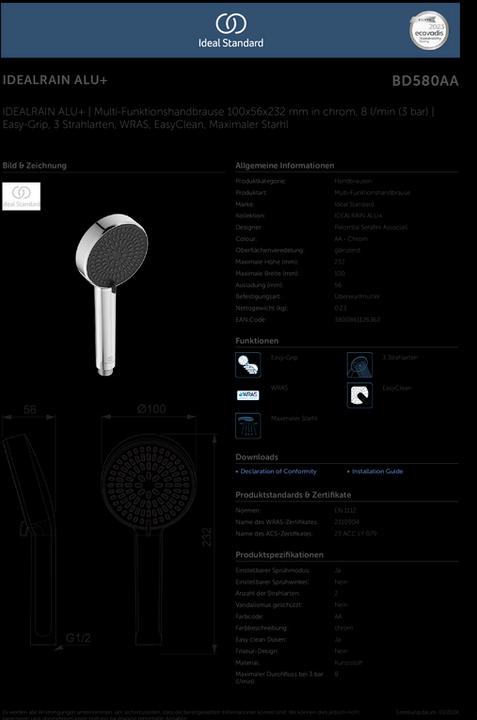 Actual product image Ideal Standard 2 function hand shower aluminium+ diameter: 100mm (2 Beam types, 8 l/min)