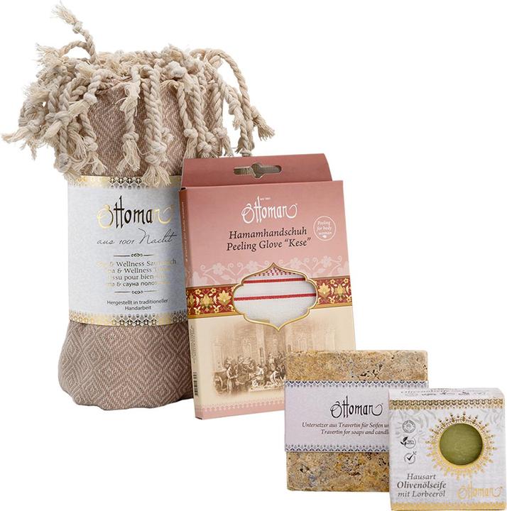 Produktbild Natura Punto 4er-Geschenkset mit Peelinghandschuh, Olivenölseife, Seifenschale, Hamamtuch (Manicure set)