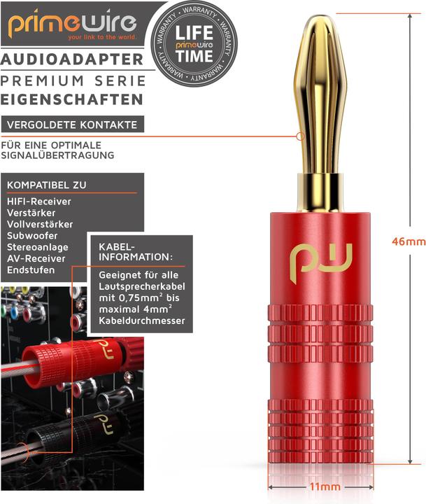 Produktbild Primewire Bananenstecker für Lautsprecher Kabel bis 6mm², Lautsprecherstecker für Verstärker, HIFI-Receiver