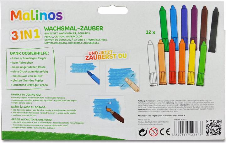 Actual product image Malinos wax crayons 3-in-1 (Black, Brown, Dark Blue, Light blue, Light green, Lilac, White, Red, Green, Yellow, Orange, Rose, 12 x)