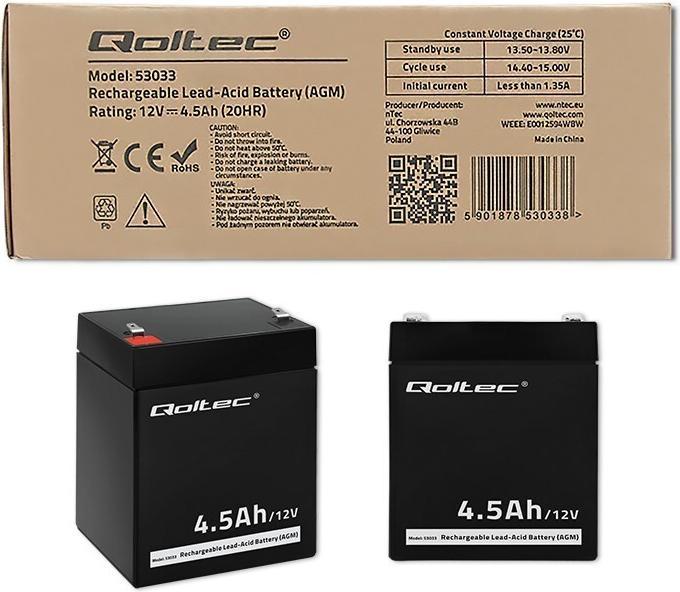 Produktbild Qoltec 53033 vehicle battery AGM (Absorbed Glass Mat) 4.5 Ah Motorcycle (12 V, 4.50 Ah)