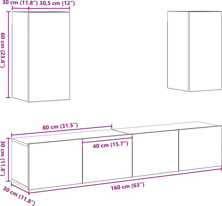 Actual product image VidaXL 4-piece TV cabinet set wall-mounted Artisan oak chipboard (100 x 40 x 40 cm)