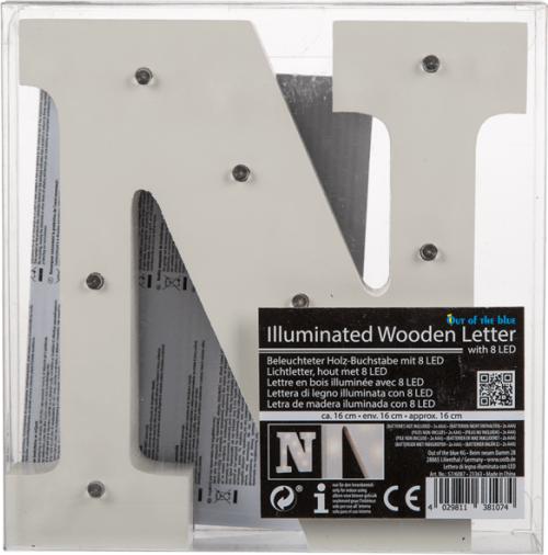Image du produit Ootb Lettre N en bois illuminée, avec 8 LED, env. 16 cm
