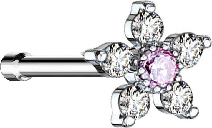 Produktbild Star Piercing Nasenstecker gerade silber Blume mit Kristall pink und silber (Messing, Chirurgenstahl 316L)