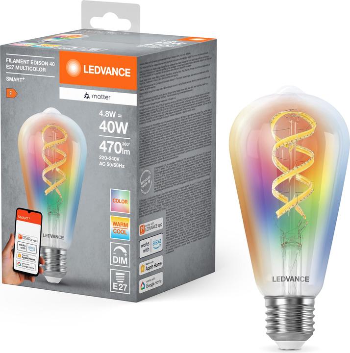 Produktbild Ledvance SMART+ MATTER FILAMENT EDISON MULTICOLOR 4.8W 827...865 Multicolor E27 (E27, 4.80 W, 470 lm, 1 x, F)