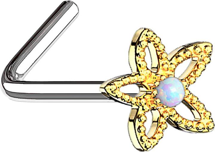Actual product image Star Piercing Nasenstecker gewinkelt 14k vergoldet filigrane Opal Blume weiss (Surgical steel 316L, Brass)