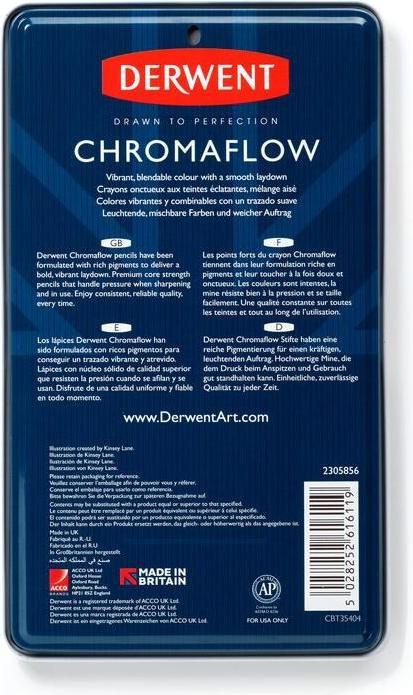 Produktbild Derwent Chromaflow Buntstifte (Blush Pink, Flame, Natural Brown, Scarlet, grass green, Denim, Sun Yellow, Blue, Basil, Black, Lilac, White, 12 x)
