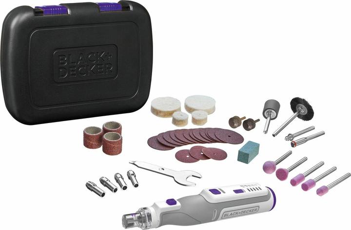 Storage box, Key, USB charging cable without mains adapter, 1 diamond tip, 1 carbide tip, 1 disc holder, 1 polishing wheel holder, 5 grinding tips, 1 whetstone, 3 large sanding cylinders, 3 grinding discs, 1 bristle brush, 12 cutting discs, 2 polishing wheels, 2 large polishing wheels, 3 additional collets, 1 large sanding cylinder holder, 1 PET accessory attachment
