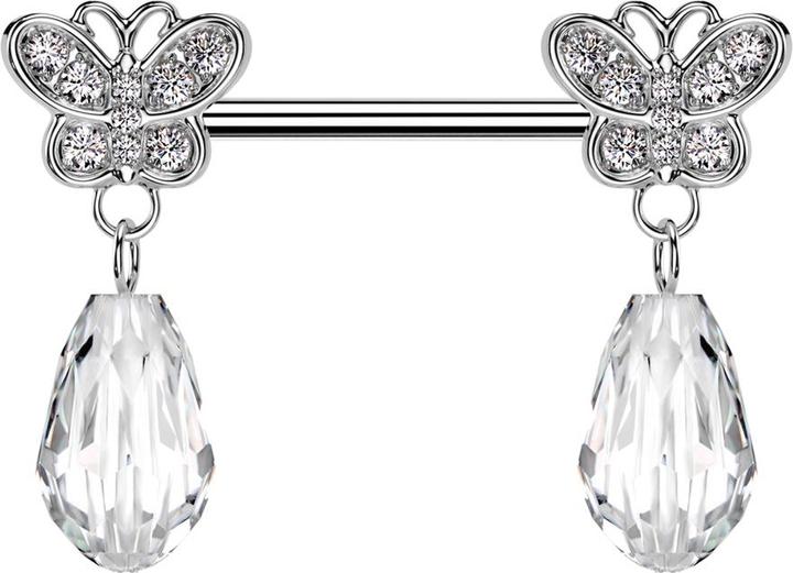 Produktbild Star Piercing Barbell silber mit zwei Schmetterling silber Kristalle silber Anhänger Kristalltropfen (Chirurgenstahl 316L, Messing)